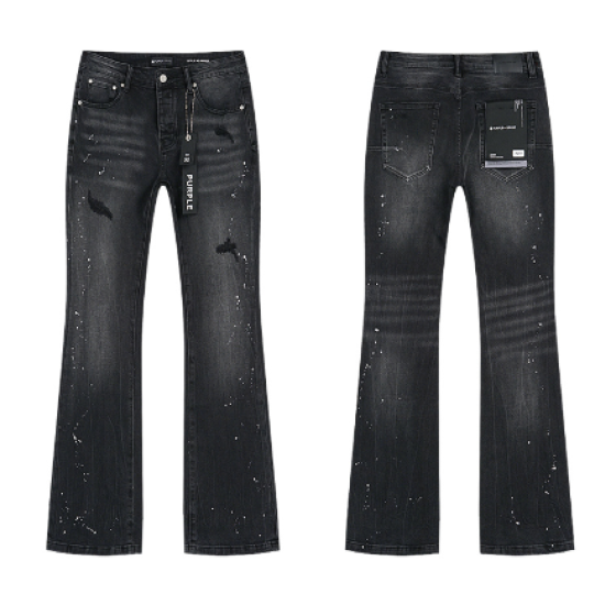 Black Washed Flared Denim Jeans with Paint Splatter and Light Distressing